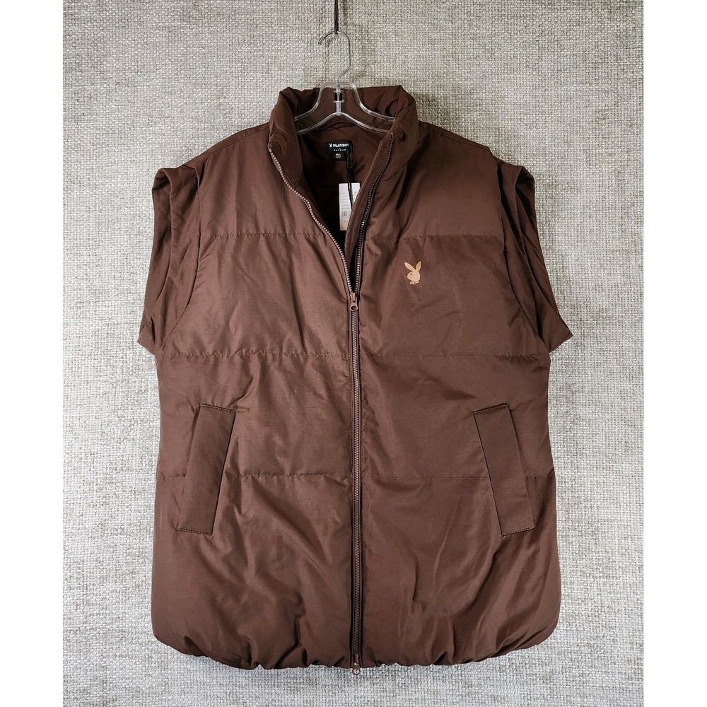 PlayBoy x Pacsun Bunny Logo Puffer Vest Womens M/L‎ Brown Full Zip Oversized NWT